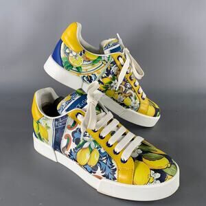 DOLCE & GABBANA Size 7 Yellow Blue Leather Floral Low Top Sneakers